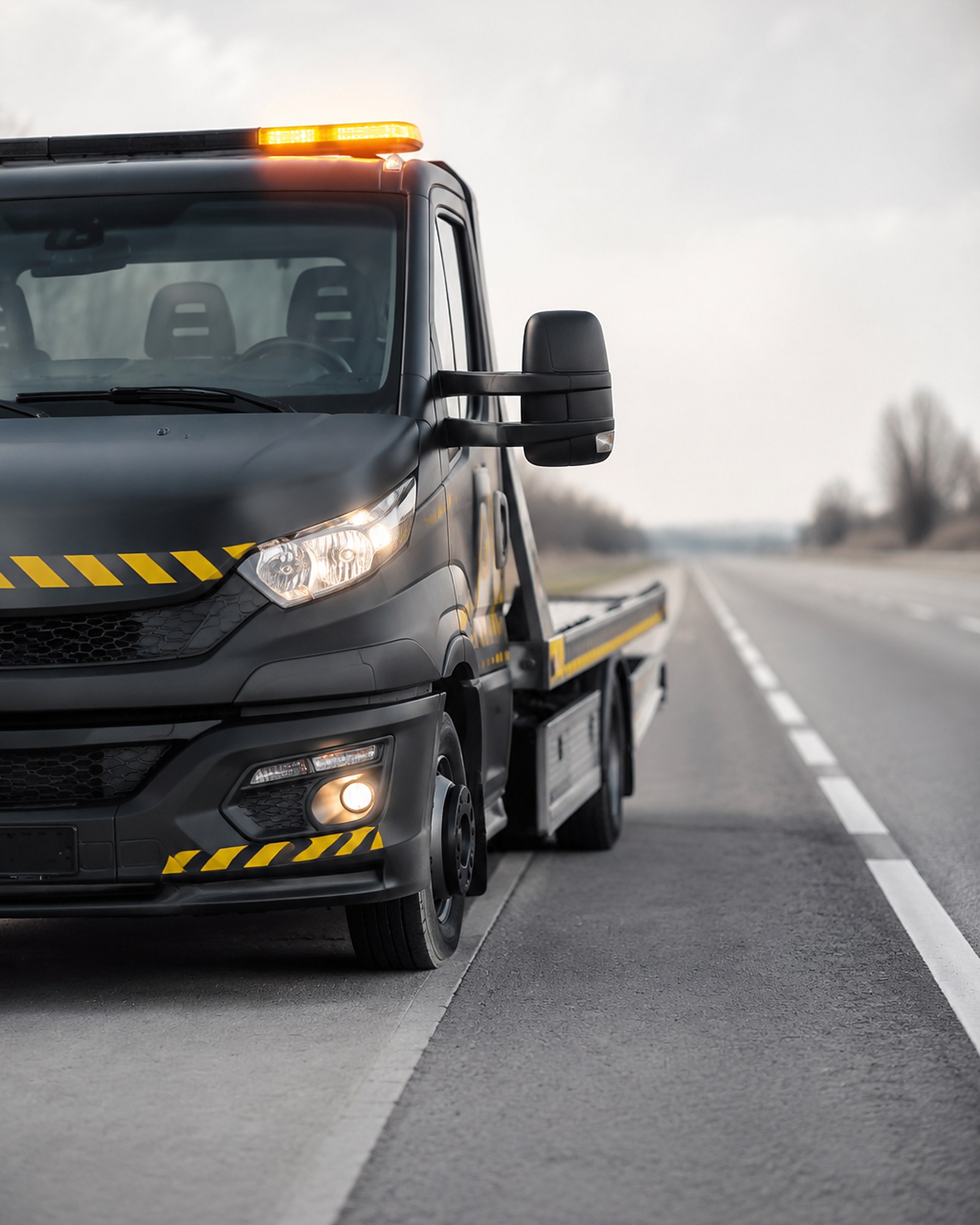 Abschleppfahrzeug mit Warnleuchten am Pannenstreifen der Autobahn – Carparatur in Brunn am Gebirge