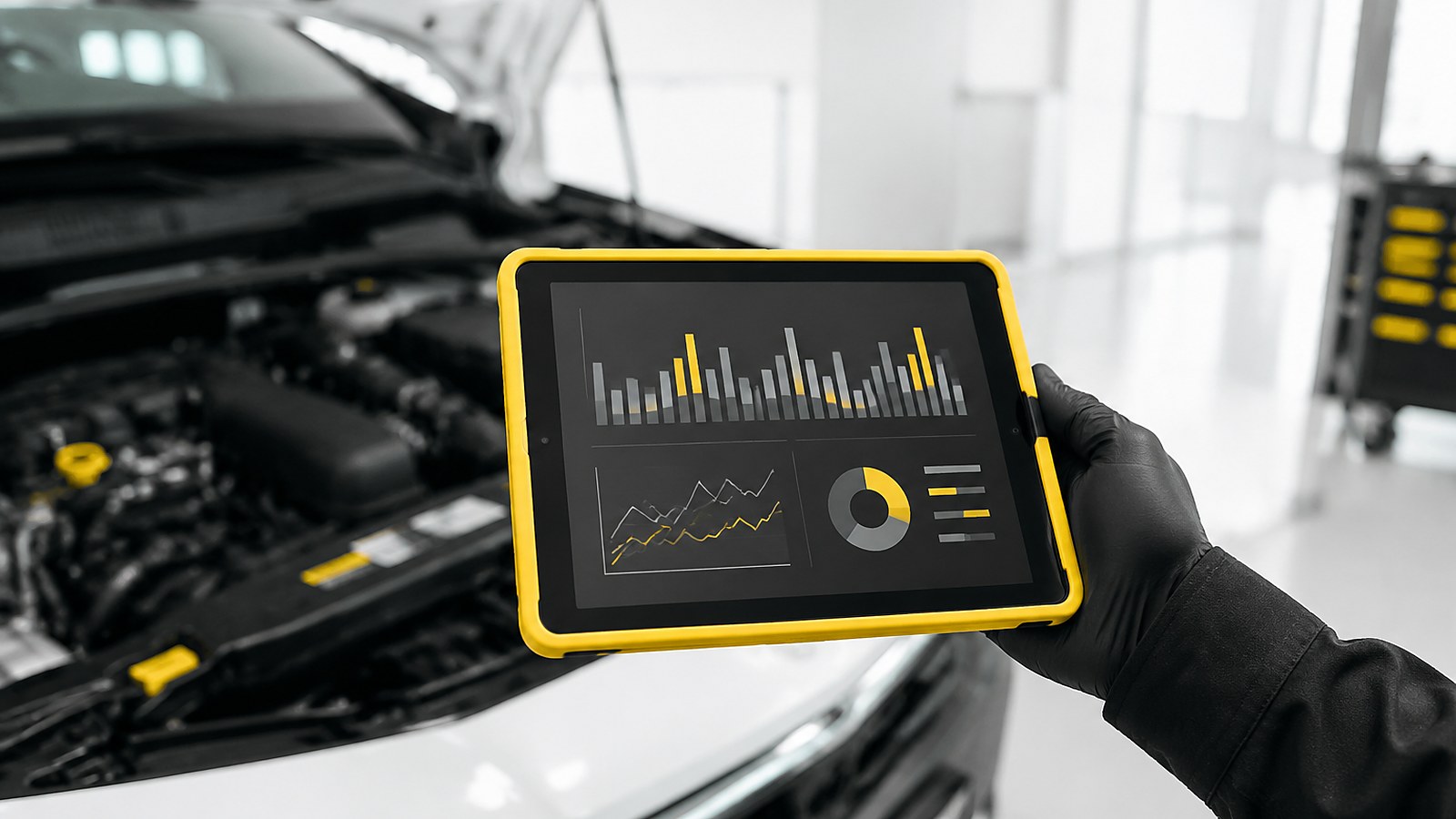 Diagnosetablet zeigt die ausgelesenen Steuergerätedaten über dem geöffneten Motorraum – KFZ-Elektrik in Brunn am Gebirge