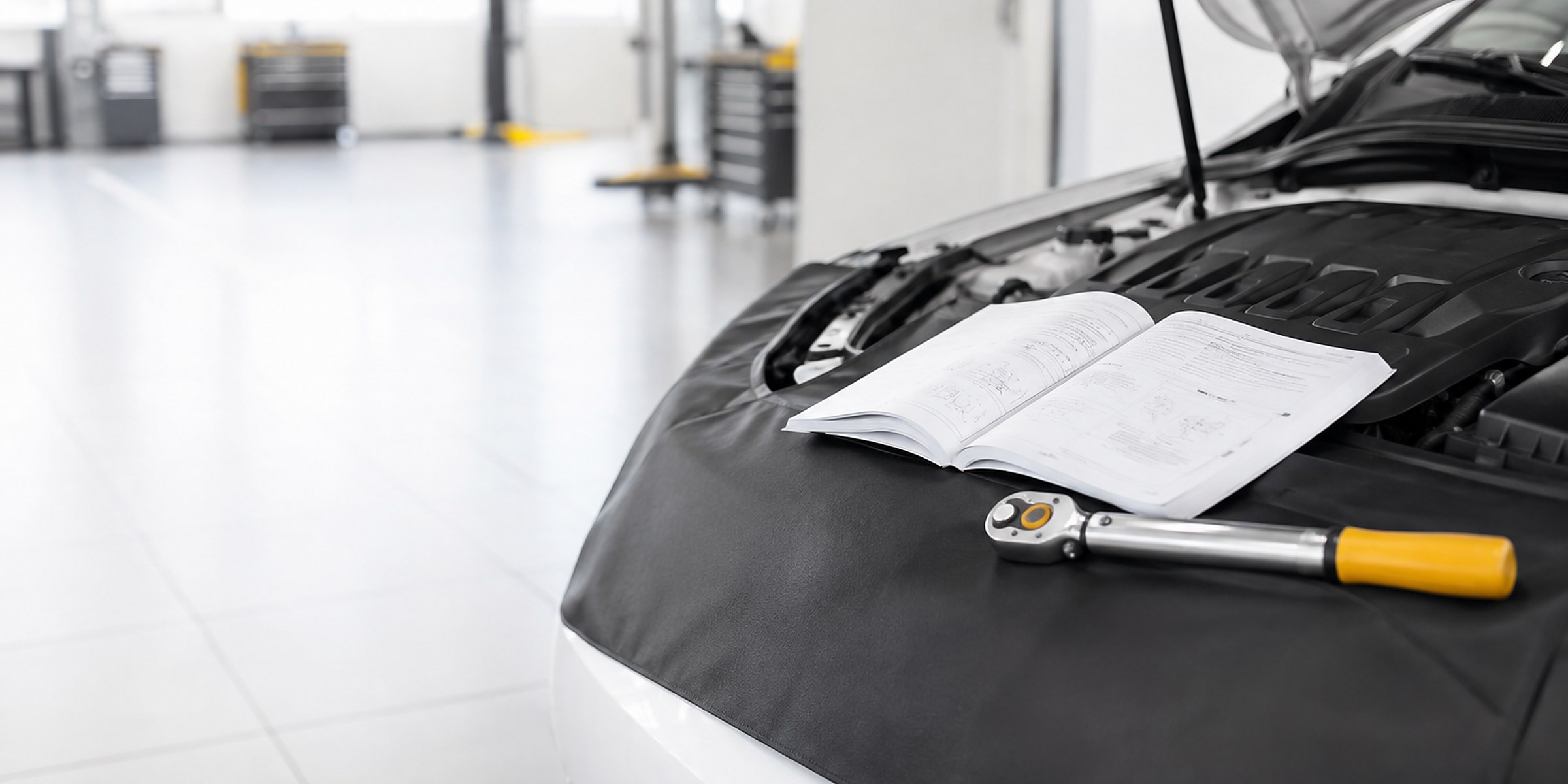 Prüfprotokoll wird beim Service am geöffneten Motorraum ausgefüllt – Autowerkstatt Carparatur in Brunn am Gebirge