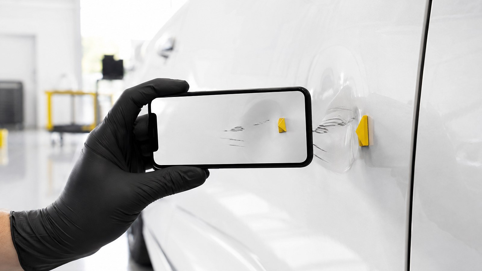 Schaden an einer Fahrzeugflanke wird mit dem Smartphone für die Versicherung fotografiert
