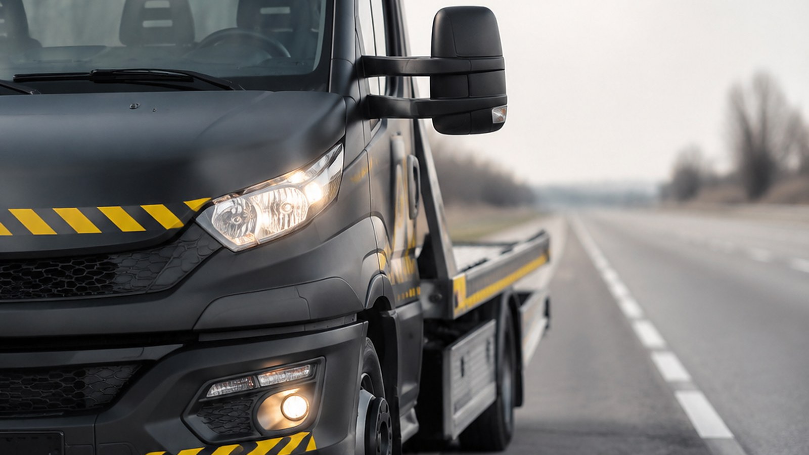 Abschleppfahrzeug mit Warnleuchten am Pannenstreifen einer Autobahn