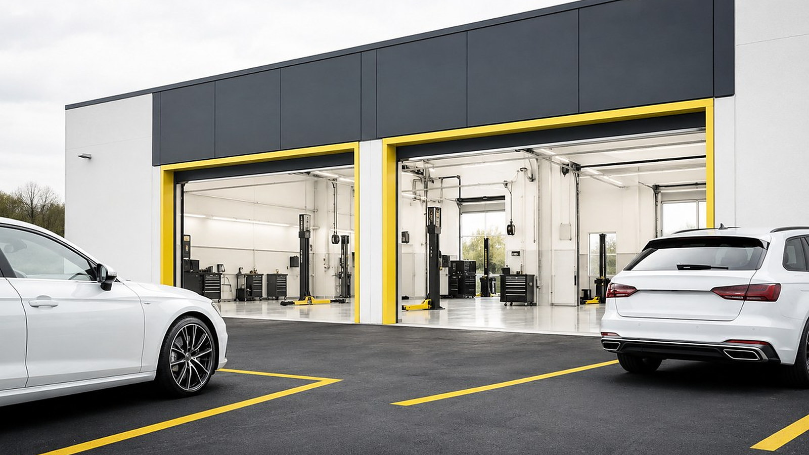 Außenansicht der Werkstatt von Carparatur mit Kundenparkplätzen